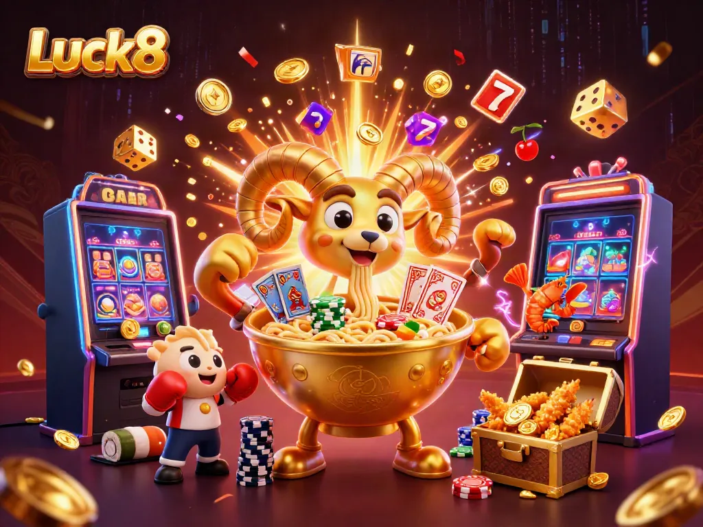 Luck8's vibrant and energetic online casino scene featuring a whimsical ramen bowl dealer and exciting game elements.