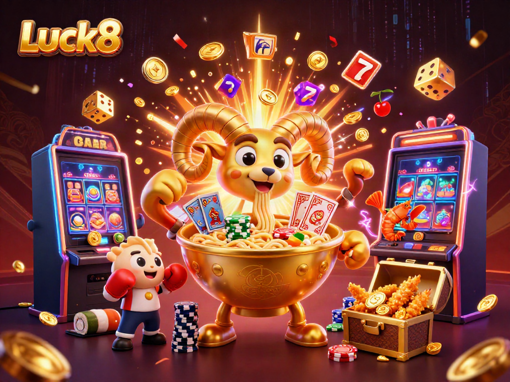 Luck8's vibrant and energetic online casino scene featuring a whimsical ramen bowl dealer and exciting game elements.