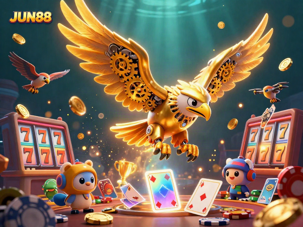 Experience thrilling casino action with JUN88 as a golden eagle dives through holographic cards and slot elements.