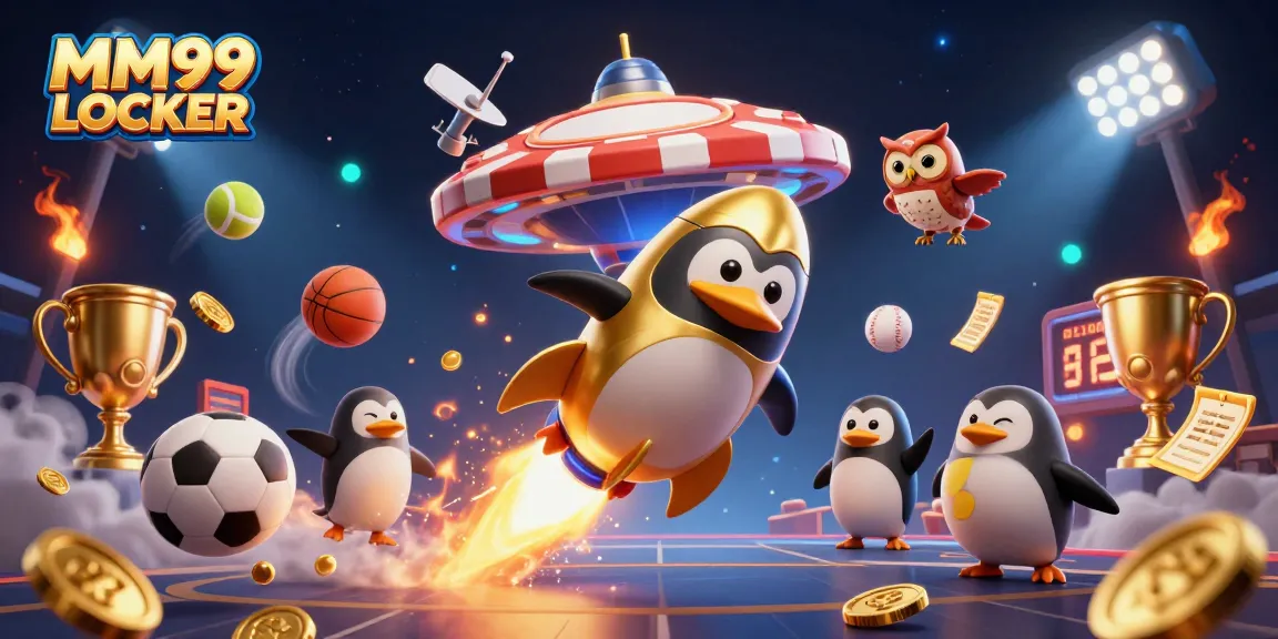 Experience the thrilling MM99 LOCKER adventure with a dynamic golden penguin in a casino-themed space scene.