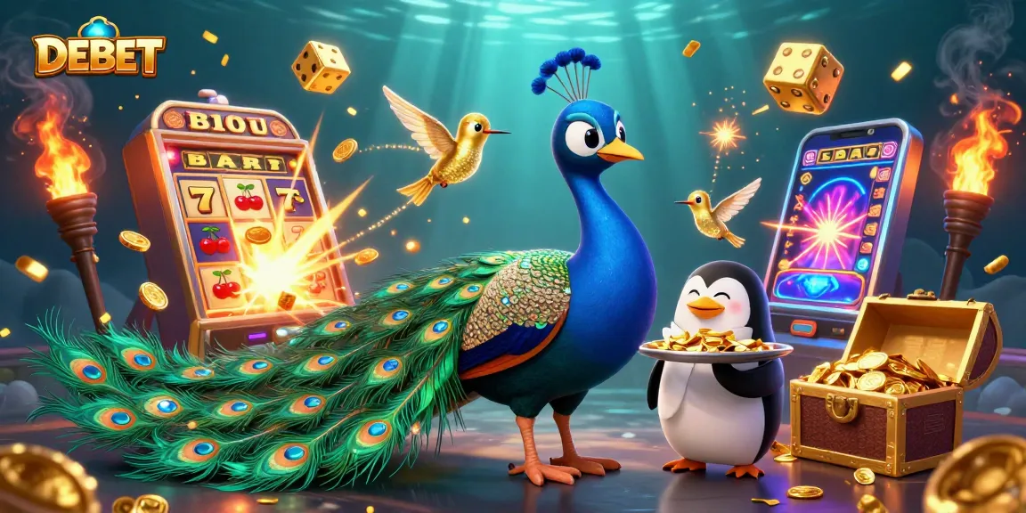 Engage with DEBET's vibrant casino world featuring a peacock, butler, and diamond-winged hummingbird.