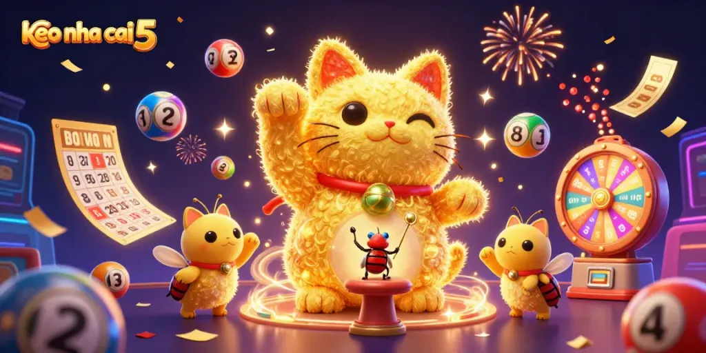 Engage with keo nha cai 5 through a vibrant casino scene showcasing animated characters and lottery elements.