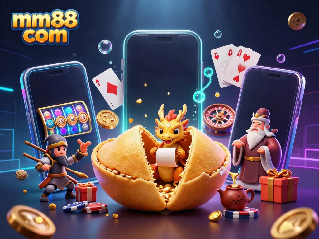 Engage with mm88 com’s exciting offerings as a wise dragon reads fortunes amidst a vibrant casino scene.