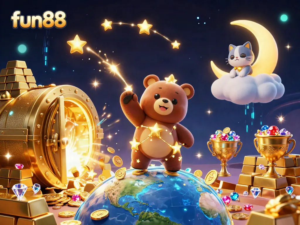 Join the fun88 adventure with constellation bear diving for treasures in a vibrant casino scene.