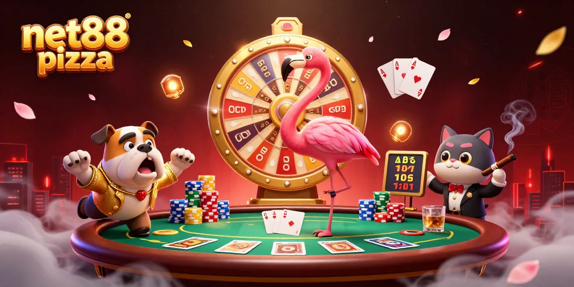 Excited bulldog and flamingo host at net88 pizza prize wheel with poker elements.