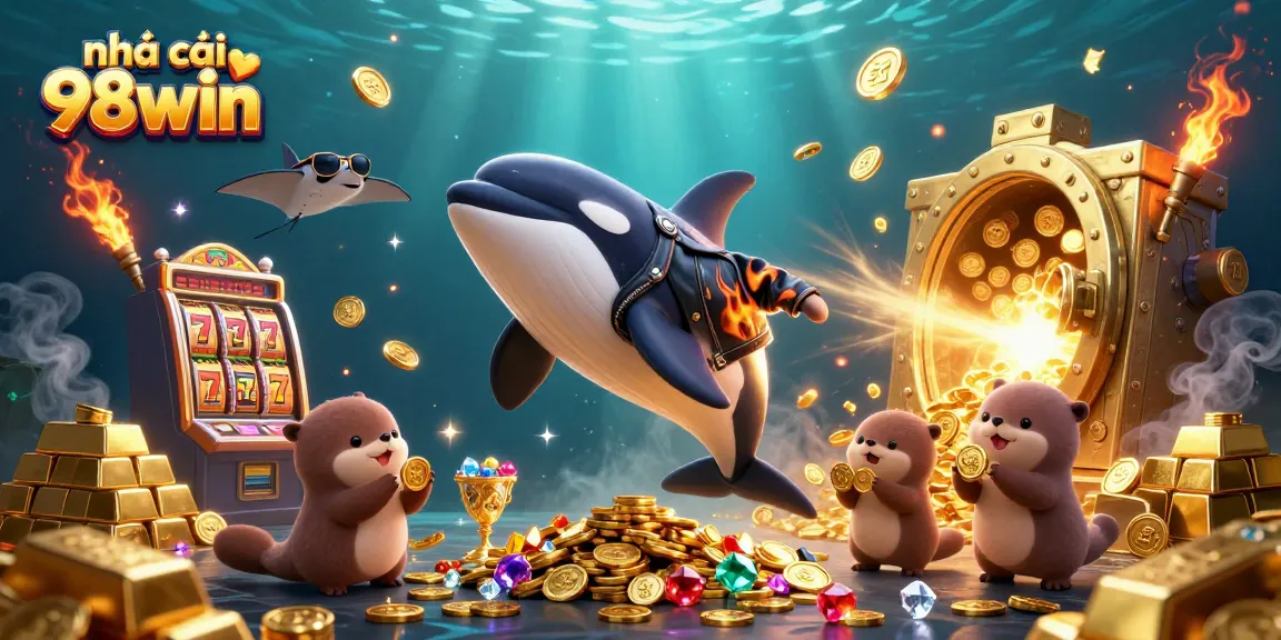 Experience the excitement of nhà cái 98win with vibrant 3D underwater casino characters and gold treasures.