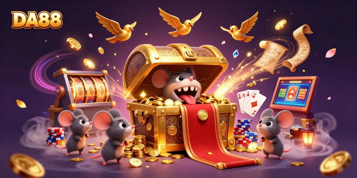 Engage in thrilling chances with DA88 as adventurer mice are lured by a golden treasure chest in a vibrant casino scene.