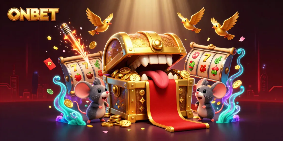 Experience thrilling adventures with ONBET's golden treasure chest in a vibrant casino scene.