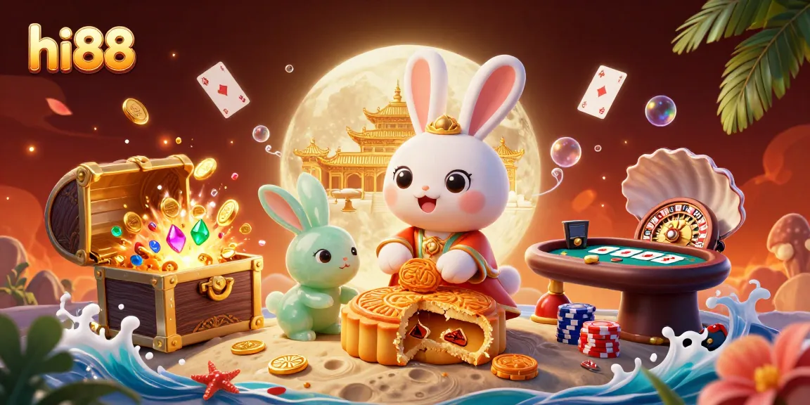 Elevate your game at hi88 with a vibrant moonlit casino scene featuring poker chips, roulette wheels, and more.