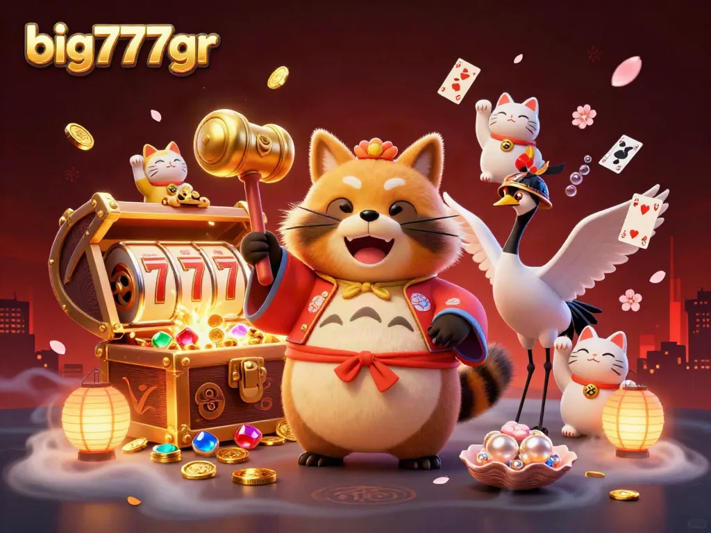 Engage in the thrilling casino action of big777gr with a cheerful tanuki and colorful fortune cats.