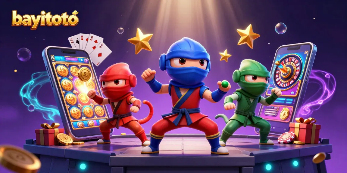Bayitoto presents a dynamic scene of cartoon chameleons showcasing exciting martial arts poses amidst vibrant casino elements.
