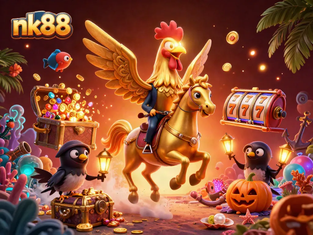 Experience thrilling gameplay with nk88 in a vibrant casino scene filled with slot reels and festive characters.