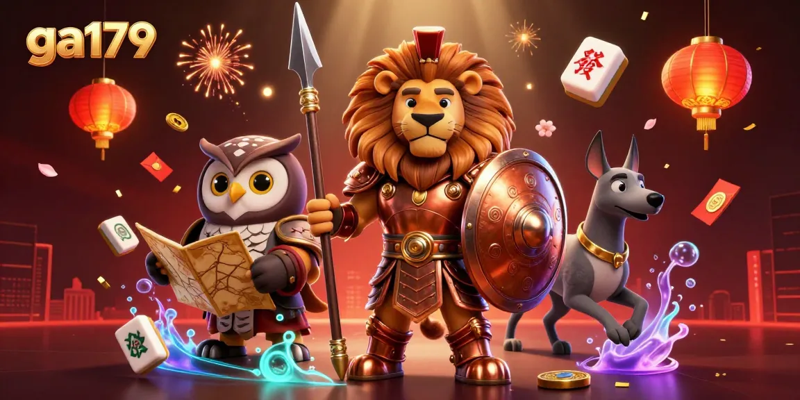 Engage with ga179 for thrilling casino action featuring a Spartan lion, tactical owl, and greyhound in a vibrant, detailed scene.