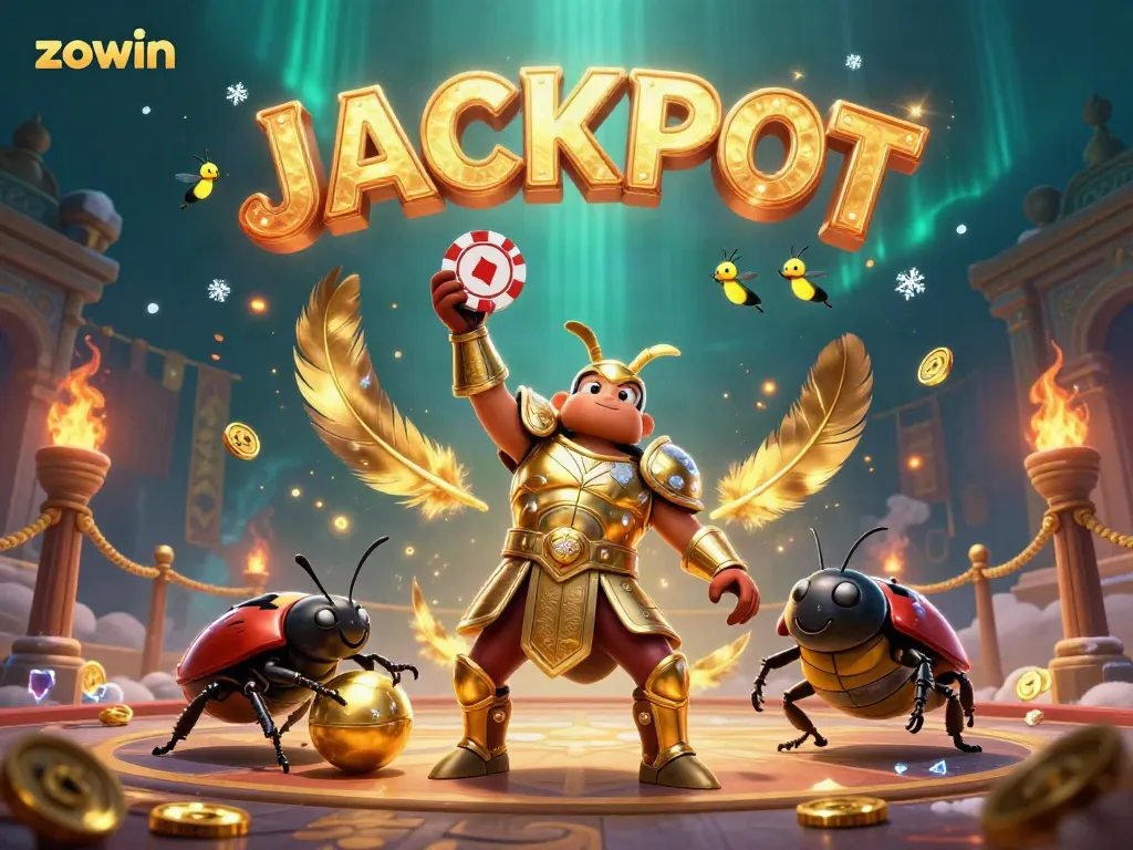Zowin's cartoon beetles celebrate a jackpot victory in an immersive casino scene.