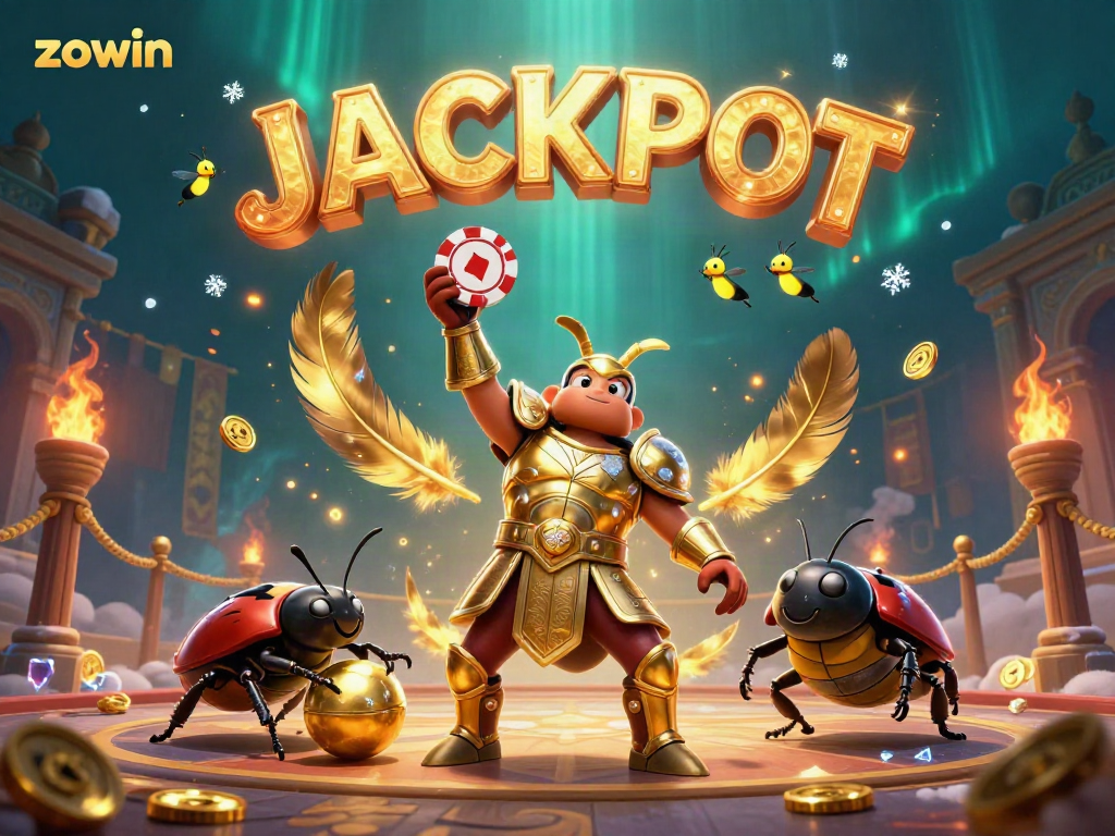 Zowin's cartoon beetles celebrate a jackpot victory in an immersive casino scene.