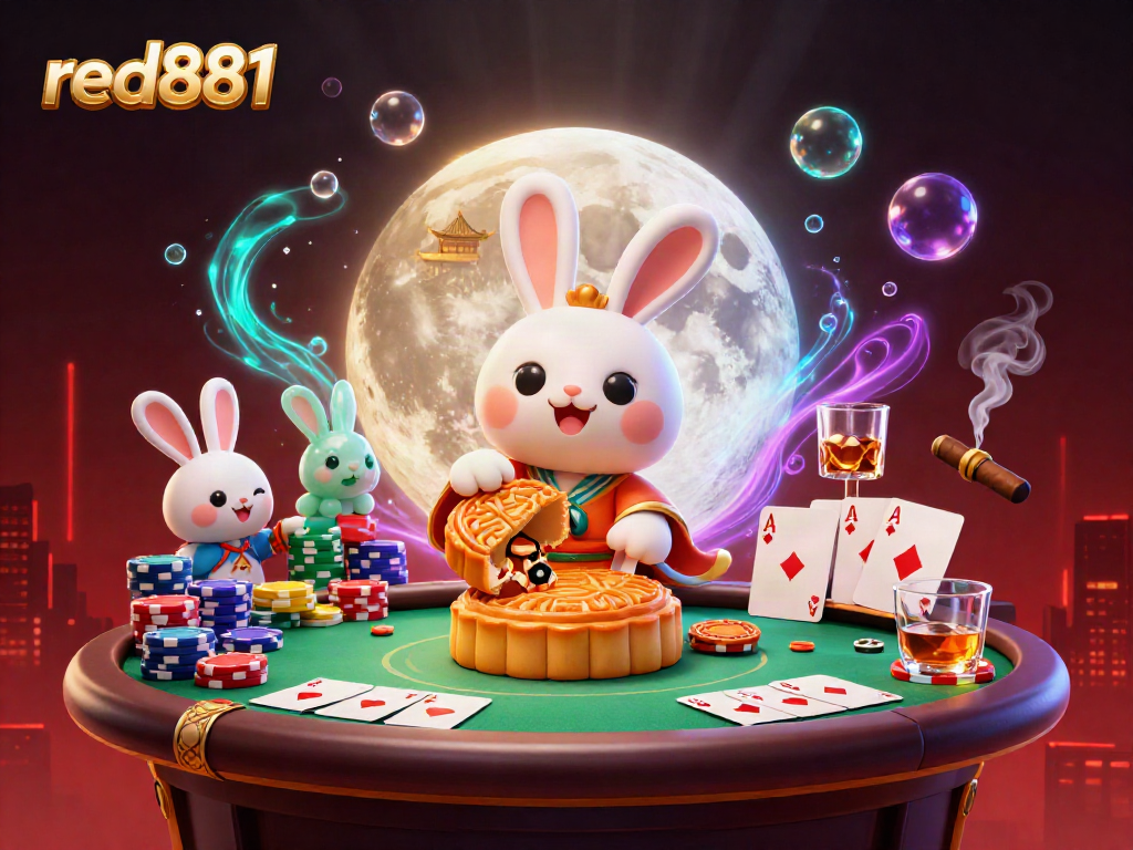 Play poker and win with red881 while enjoying a whimsical casino-themed lunar scene.