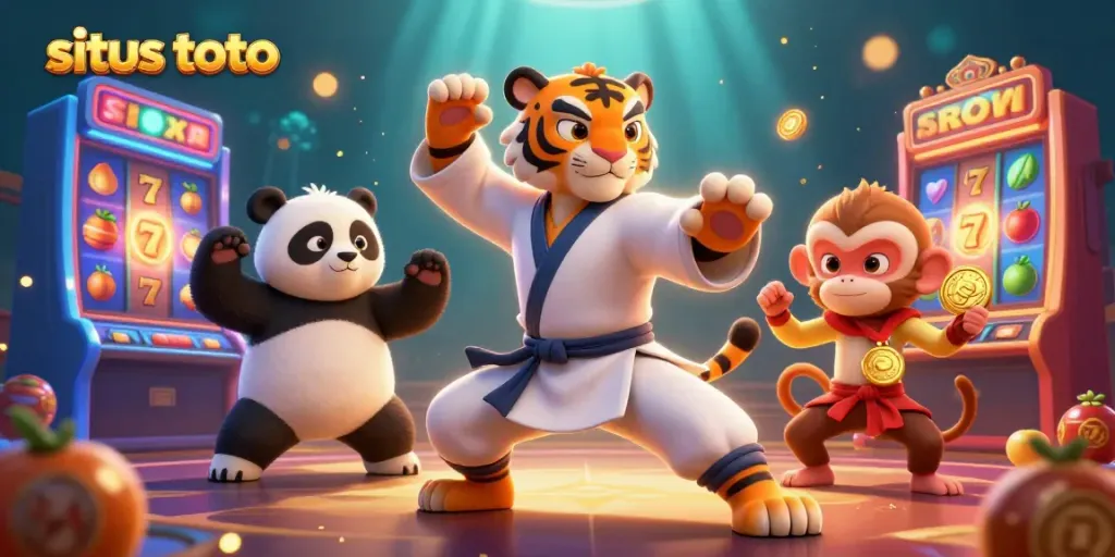 Experience the thrill of situs toto with a fun animated casino scene featuring vibrant characters and slot game elements.
