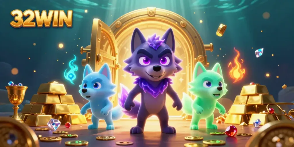 Experience excitement with 32WIN's vibrant casino illustration featuring treasure, glowing wolves, and gems.