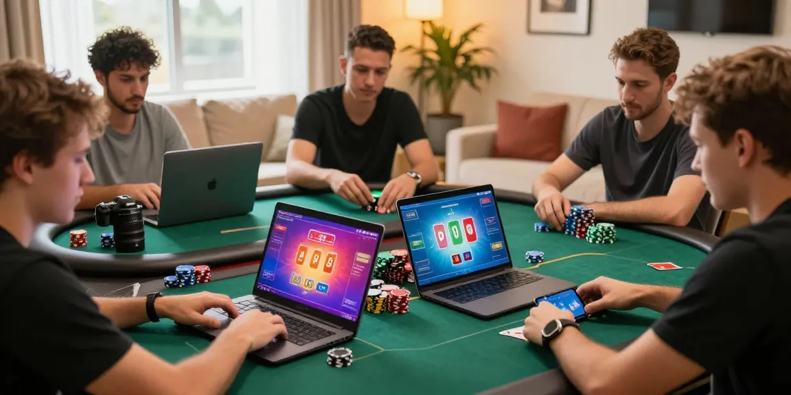 Players engaged in online poker at Dominobet while winning big, showcasing excitement and camaraderie.