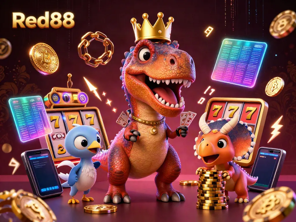 Join the excitement at Red88 as a friendly T-Rex and friends celebrate big wins with vibrant slot games.