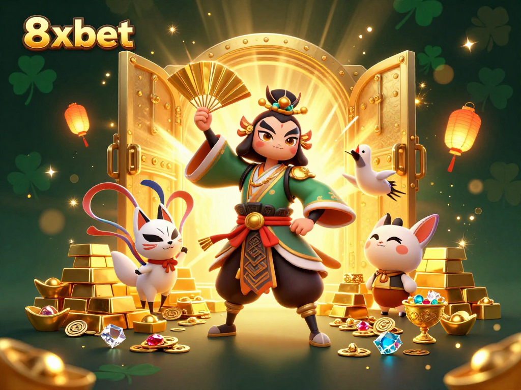 Join the fun at 8xbet with a vibrant, animated scene showcasing kabuki warriors amidst treasure and casino elements.