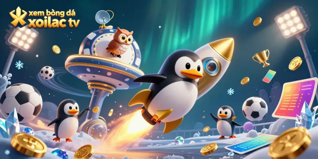 Experience exciting xem bóng đá xoilac tv with dynamic sports elements and a golden penguin in space.