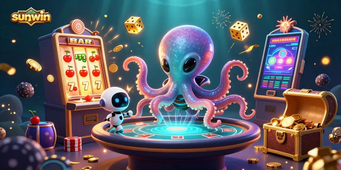 Experience thrilling gameplay at sunwin, with an alien octopus at a vibrant poker table and explosive slot machine effects.