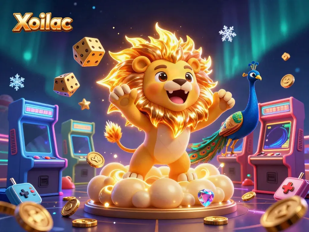 Xoilac showcases vibrant casino elements with a roaring lion and golden dice, creating engaging visuals for players.