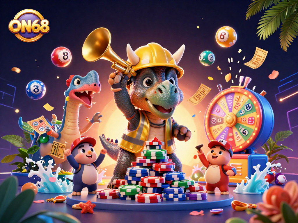 ON68 players enjoy dynamic casino fun with colorful balls, poker chips, and celebratory characters.