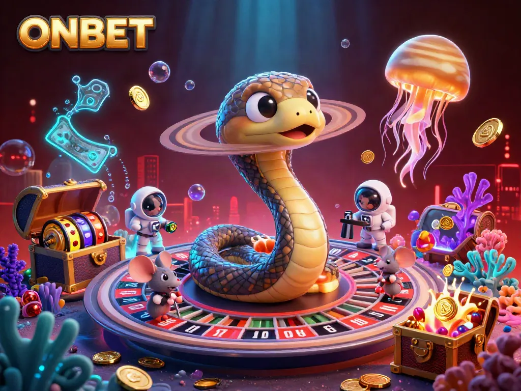 Experience ONBET's cosmic roulette with astronaut mice, a jellyfish dealer, and vibrant casino elements.