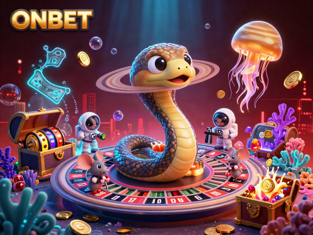 Experience ONBET's cosmic roulette with astronaut mice, a jellyfish dealer, and vibrant casino elements.