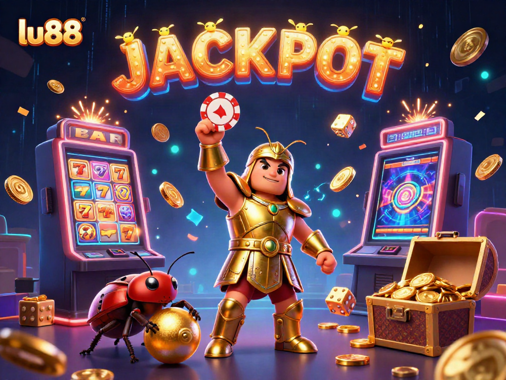 Experience the excitement of lu88 as a victorious beetle lifts a poker chip amidst a jackpot scene.