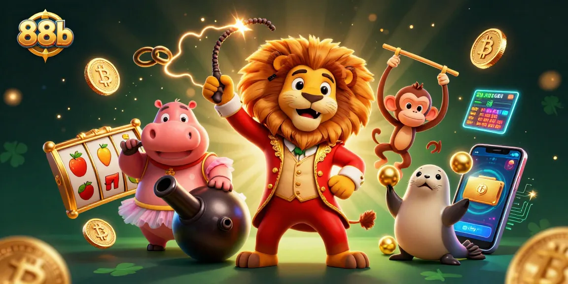 Experience thrilling victories with 88b's vibrant casino fun, featuring characters and dynamic elements in a rich 3D illustration.