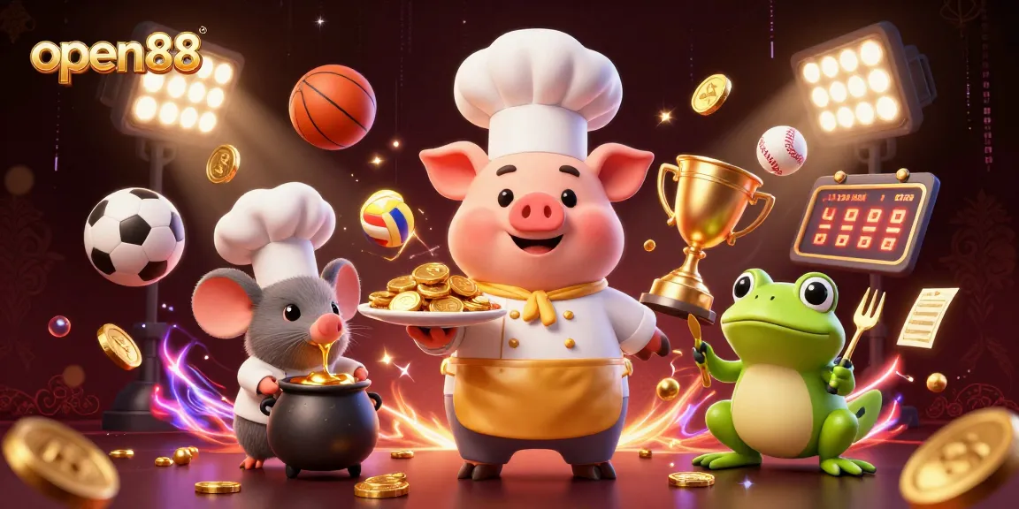 Experience thrilling gameplay at open88 with vibrant sports elements, gold coins, and charming characters.