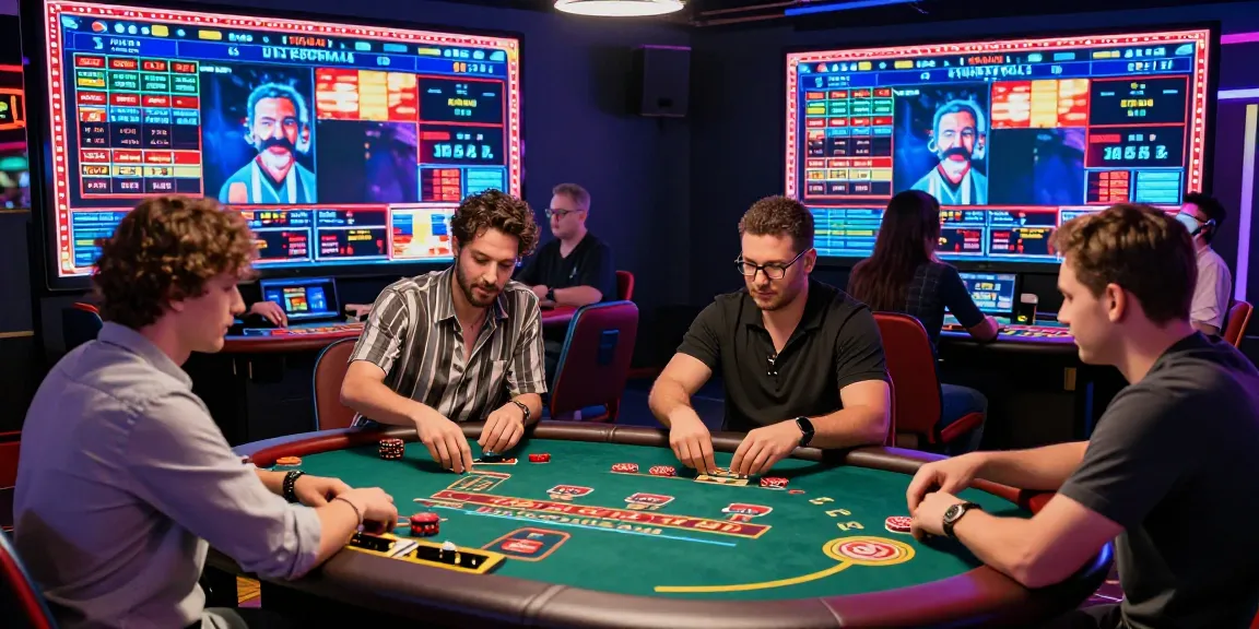 Engaging online gambling scene illustrating a diverse group of players enjoying casino games while reading thêm about game strategies, surrounded by vibrant visuals and colorful game tables.