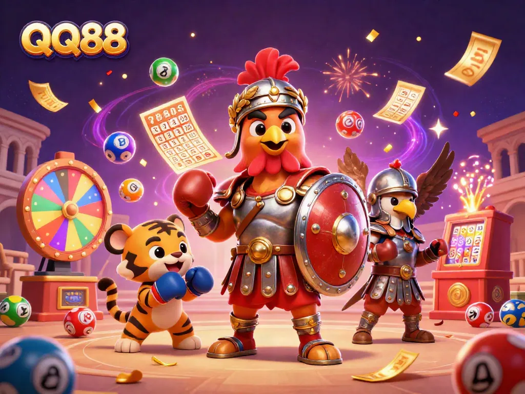 Experience thrilling action with QQ88 in a vibrant casino scene featuring a gladiator rooster and colorful game elements.