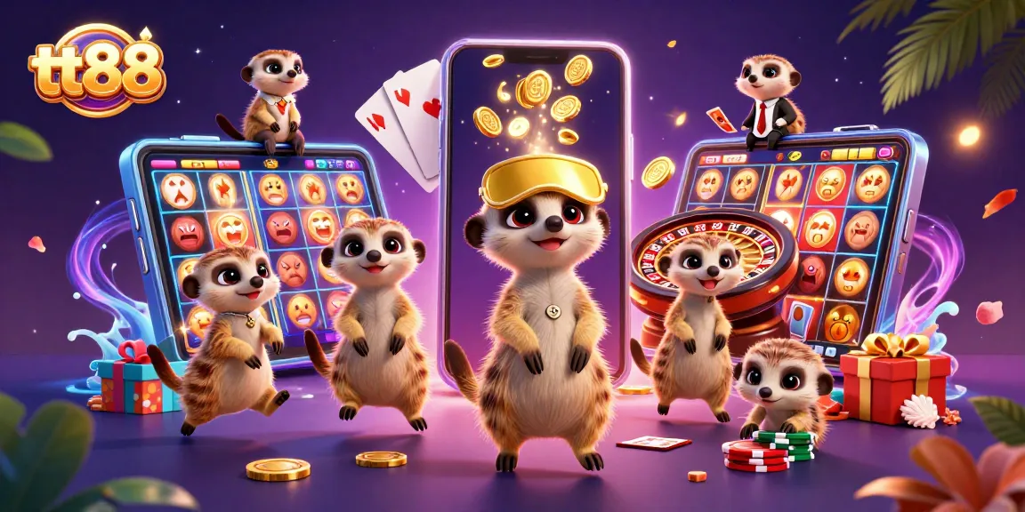 Experience excitement at tt88 with meerkats orchestrating a vibrant casino scene amidst gold coins and slot games.