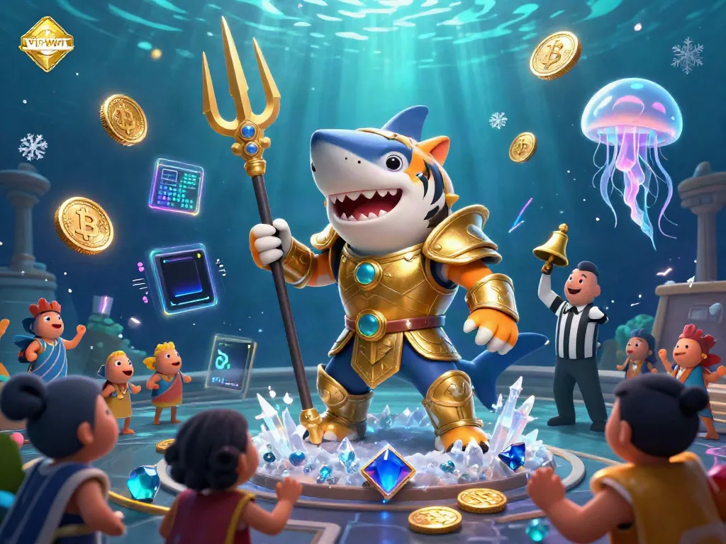 Engage with vipwin's thrilling underwater casino adventure showcasing a shark gladiator amid vibrant crypto elements.