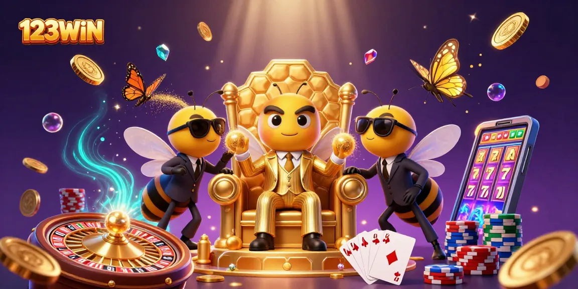 Experience winning excitement with 123WIN as golden coins and vibrant gems cascade in a dazzling casino scene.