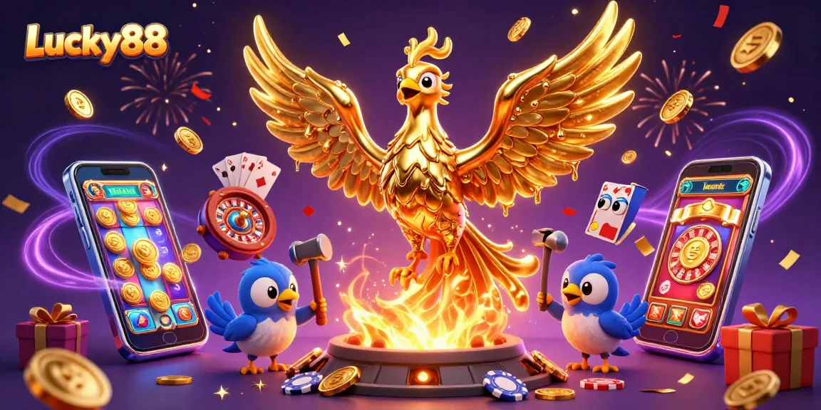 Experience Lucky88's thrilling moments with dynamic games and golden rewards in an illustration.