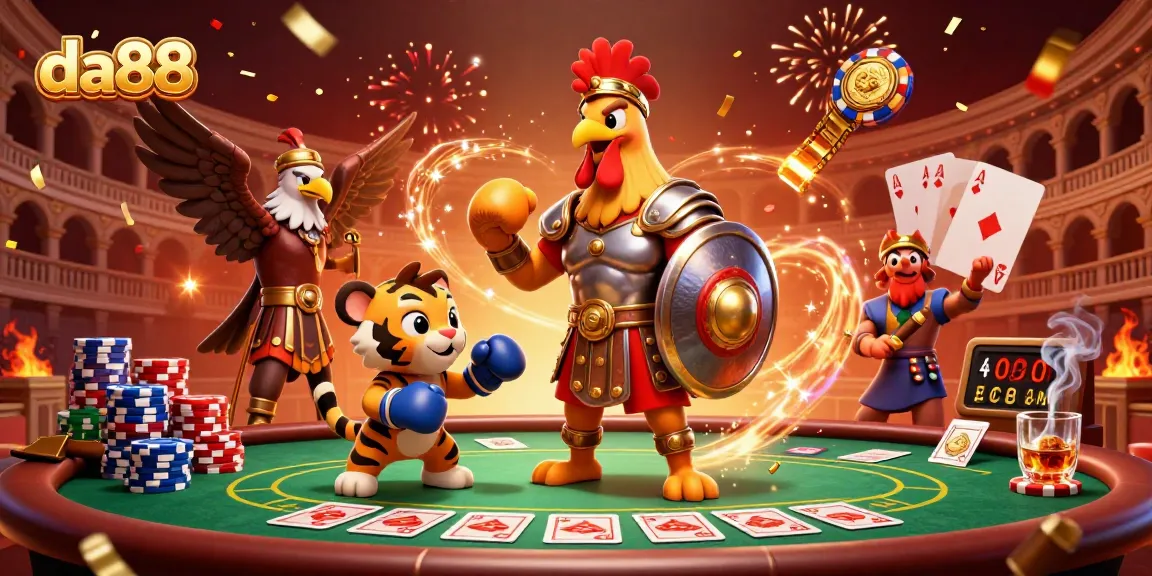 Experience a thrilling da88 poker showdown featuring a gladiator rooster, sparring tiger cub, and eagle, amidst vibrant casino details.