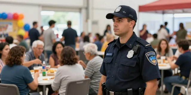 Security Solutions offered by professional guard ensuring safety at a local event.