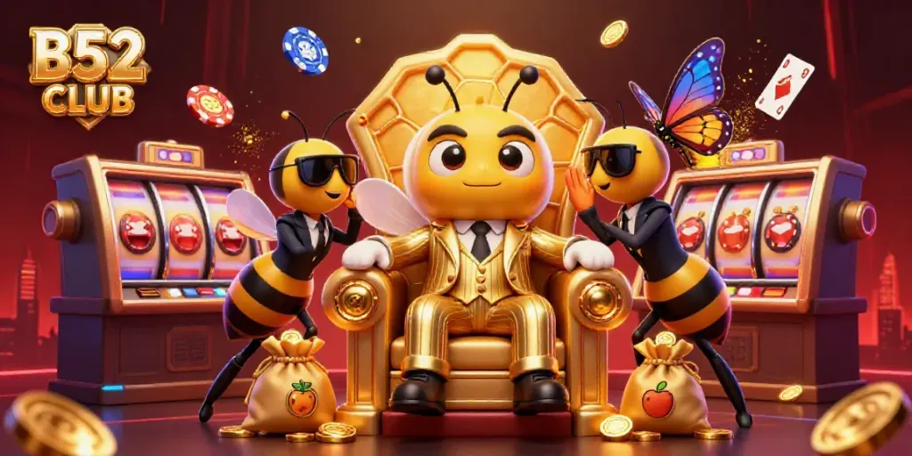 B52 CLUB promotes thrilling casino gameplay with vibrant cartoon visuals and dynamic characters.