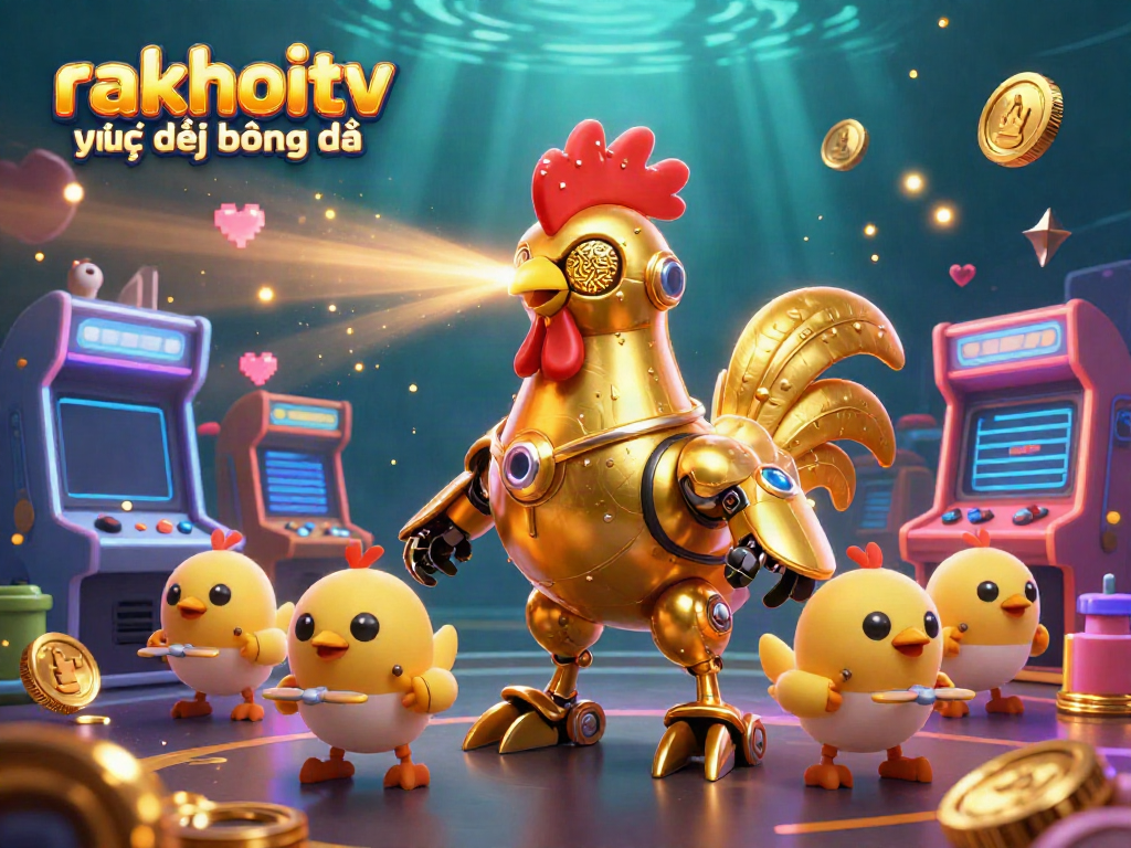 Experience rakhoitv trực tiếp bóng đá with a golden rooster robot and baby chick drones in a lively casino scene.