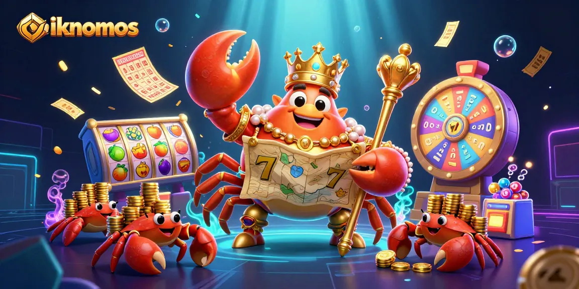oikonomos gaming scene with a golden crab emperor and dynamic slot elements featuring vibrant colors and energy.