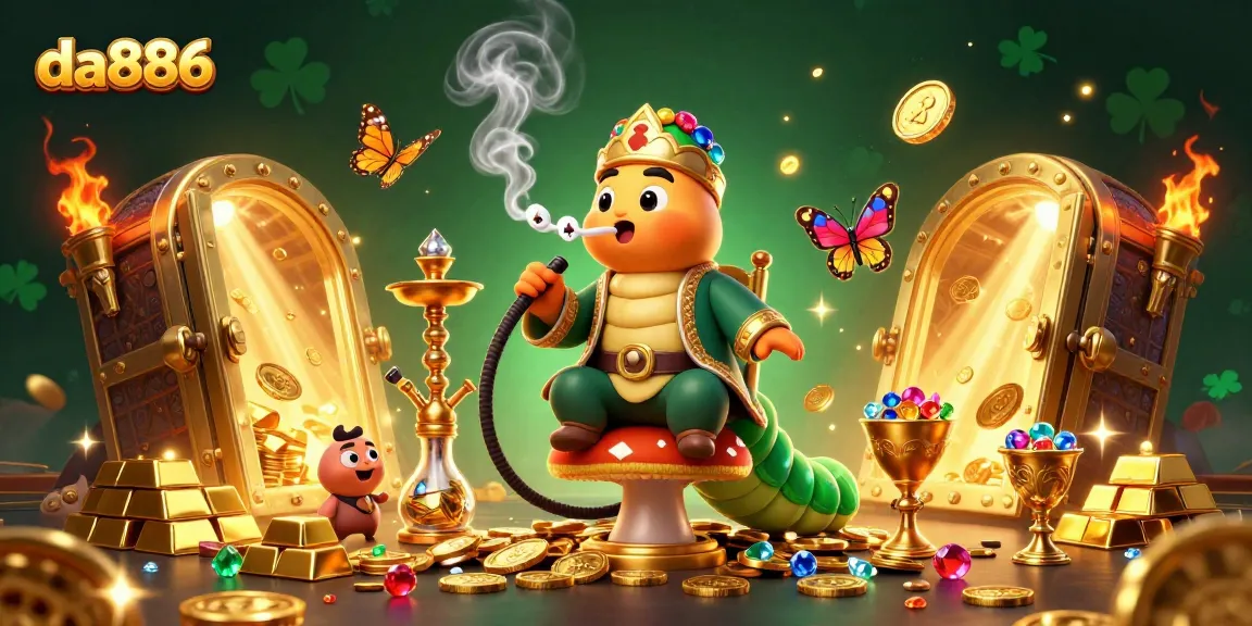Experience the thrill of da886 with a vibrant 3D cartoon illustration showcasing poker hands and treasures.