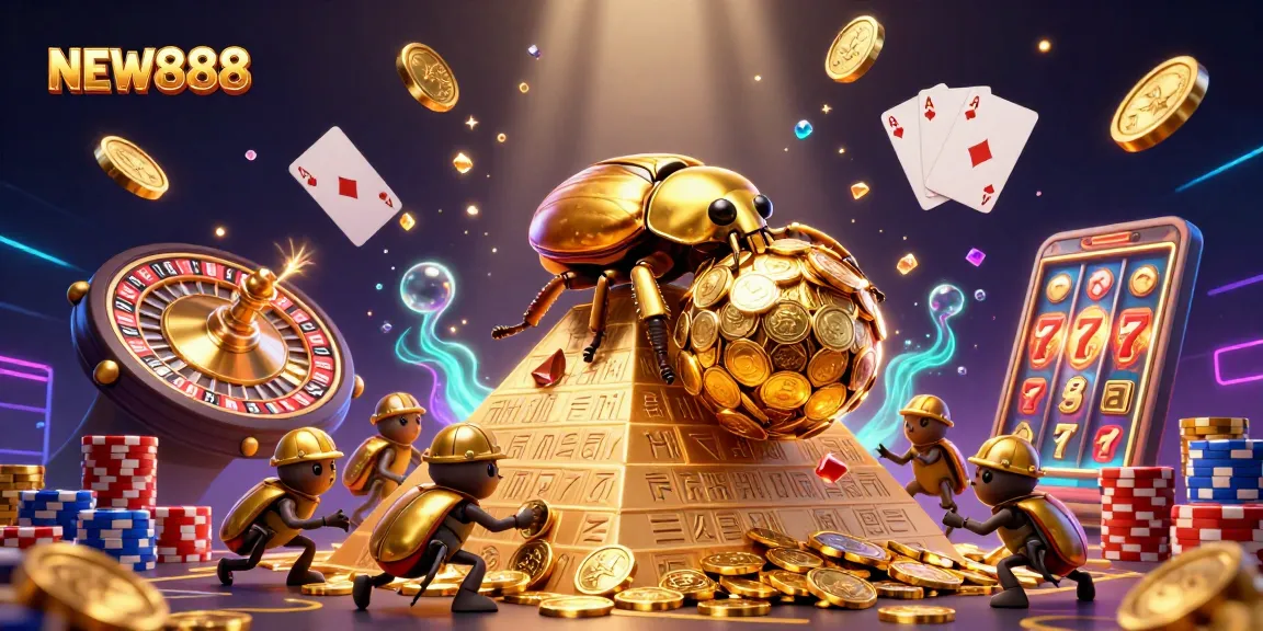 Experience the excitement of NEW888 with vibrant casino elements and dynamic 3D illustration.