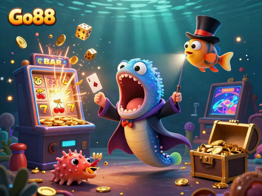 Experience the thrill of Go88 with a vibrant underwater casino scene featuring a unique deep-sea magic act.