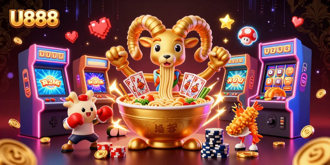 Engage in thrilling gameplay at U888 with a vibrant casino-themed cartoon illustration.
