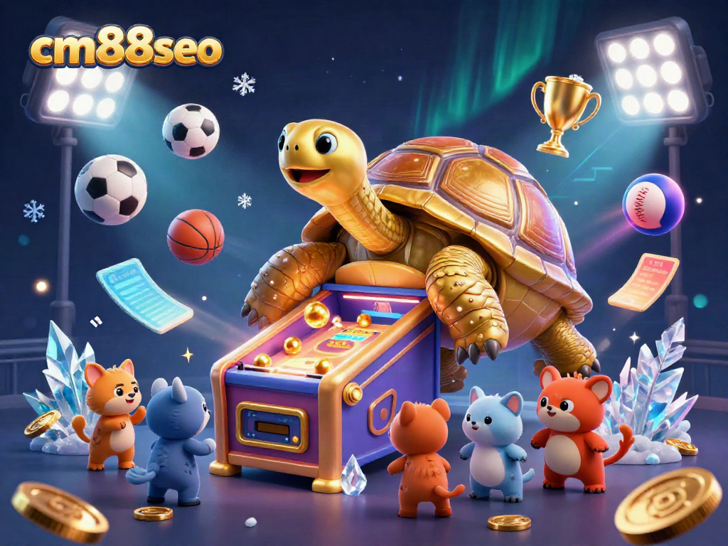 Engage with cm88seo's vibrant casino landscape showcasing a golden tortoise pinball and excited punters.